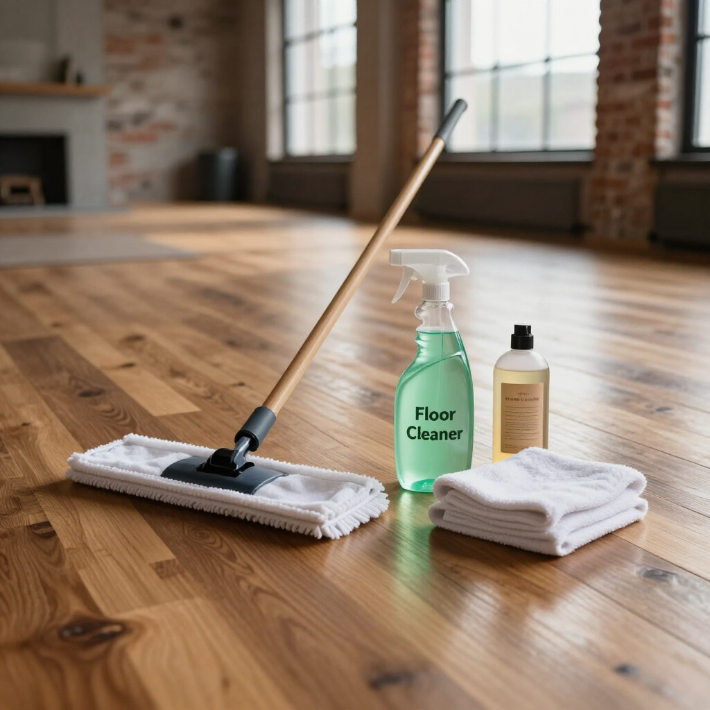 Floor cleaner bottle, spray bottle, mop, and folded towels on a hardwood floor in a bright room