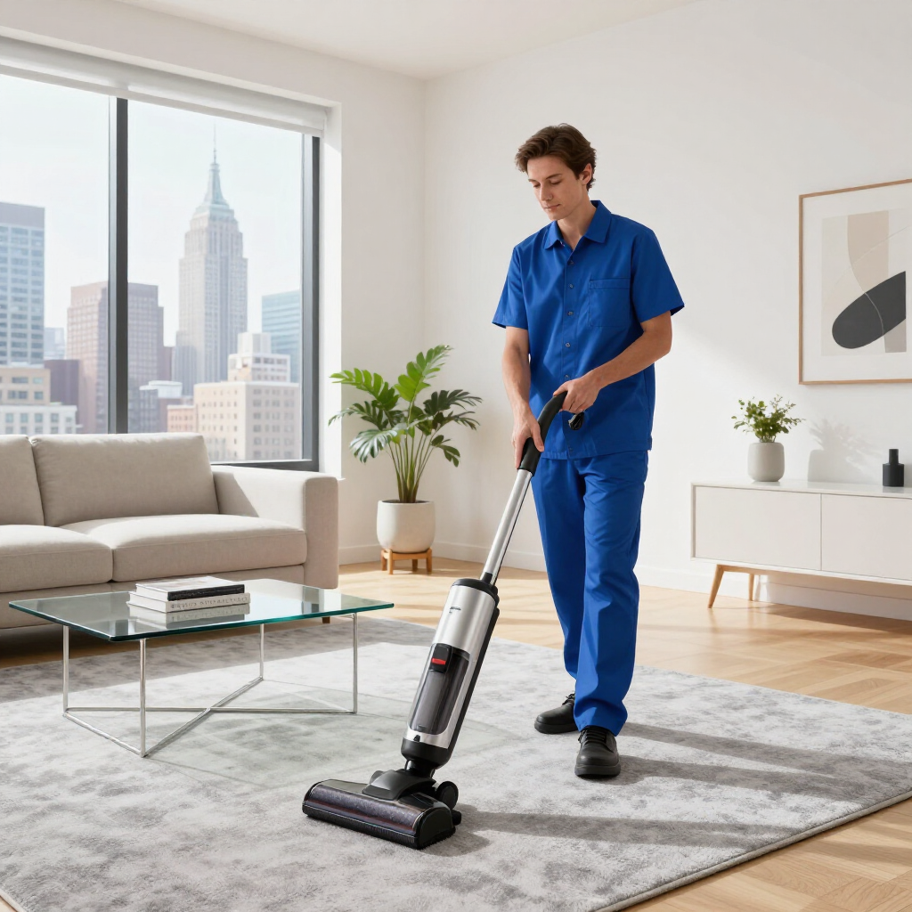 Person in blue uniform vacuuming a bright modern living room with a city skyline view
