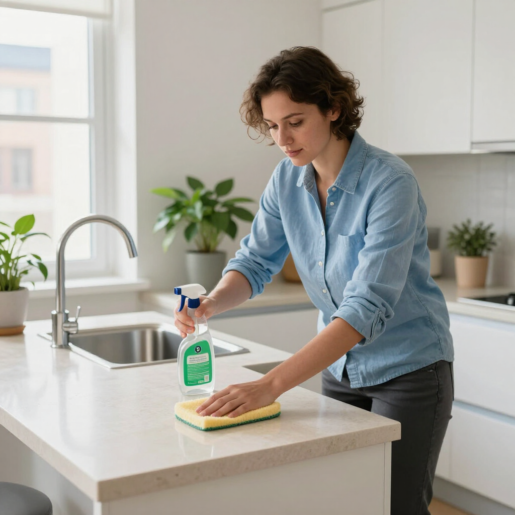 Person cleaning a kitchen counter with a spray bottle and sponge beside the sink