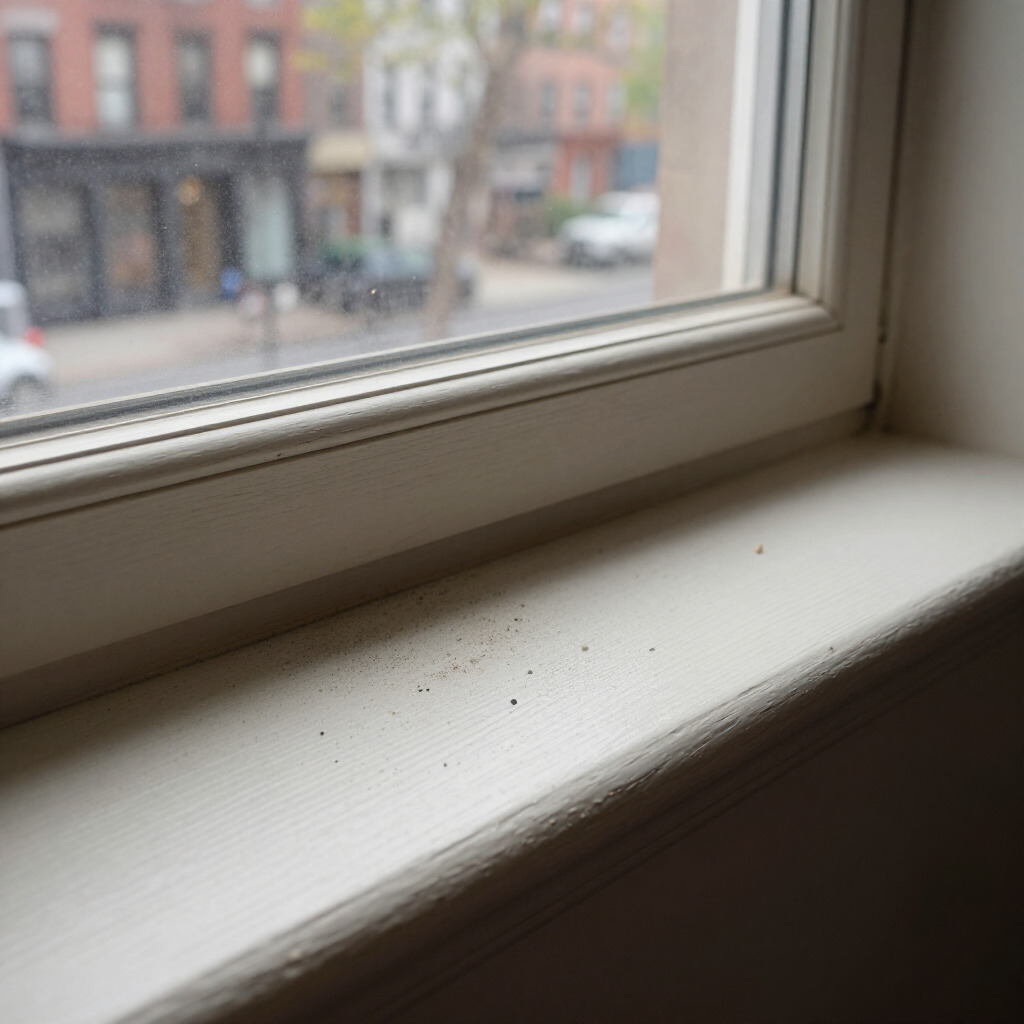 Dusty white windowsill by a window, with blurry brick buildings visible outside.