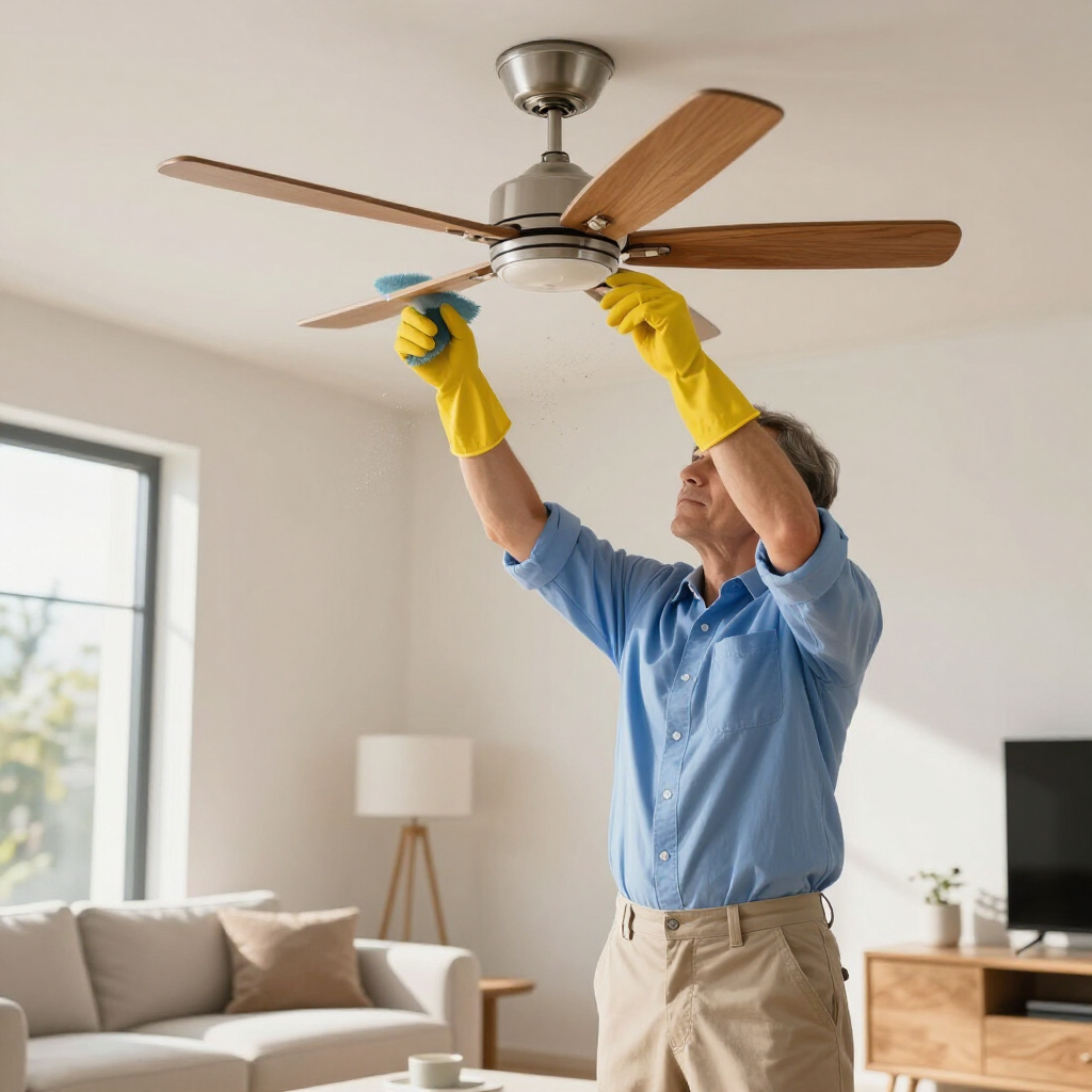 Person in yellow gloves tightening a ceiling fan in a bright living room