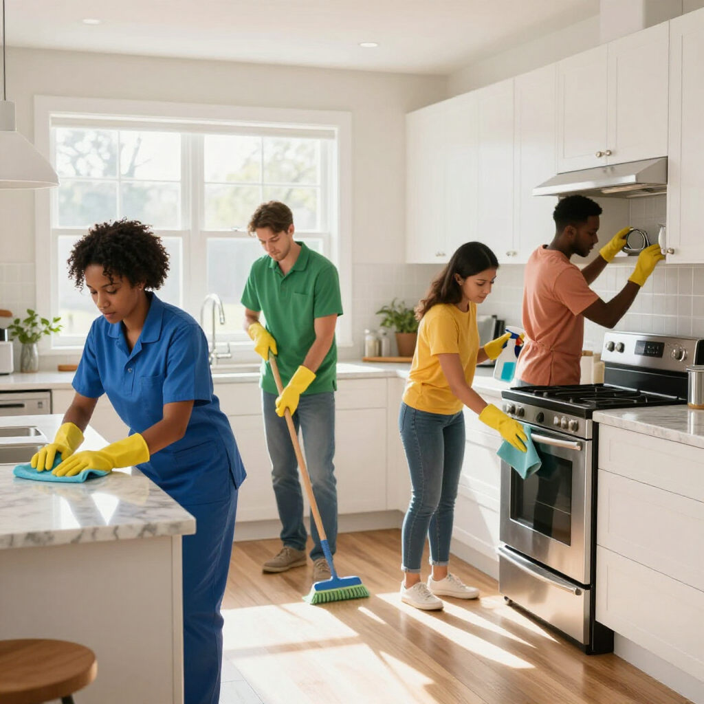Four people cleaning a bright kitchen together, wiping counters, mopping, and scrubbing the stove.