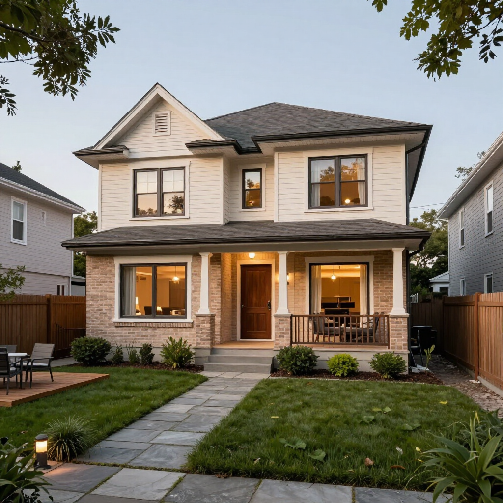 Two-story beige house with lit front porch, stone walkway, and manicured lawn at dusk