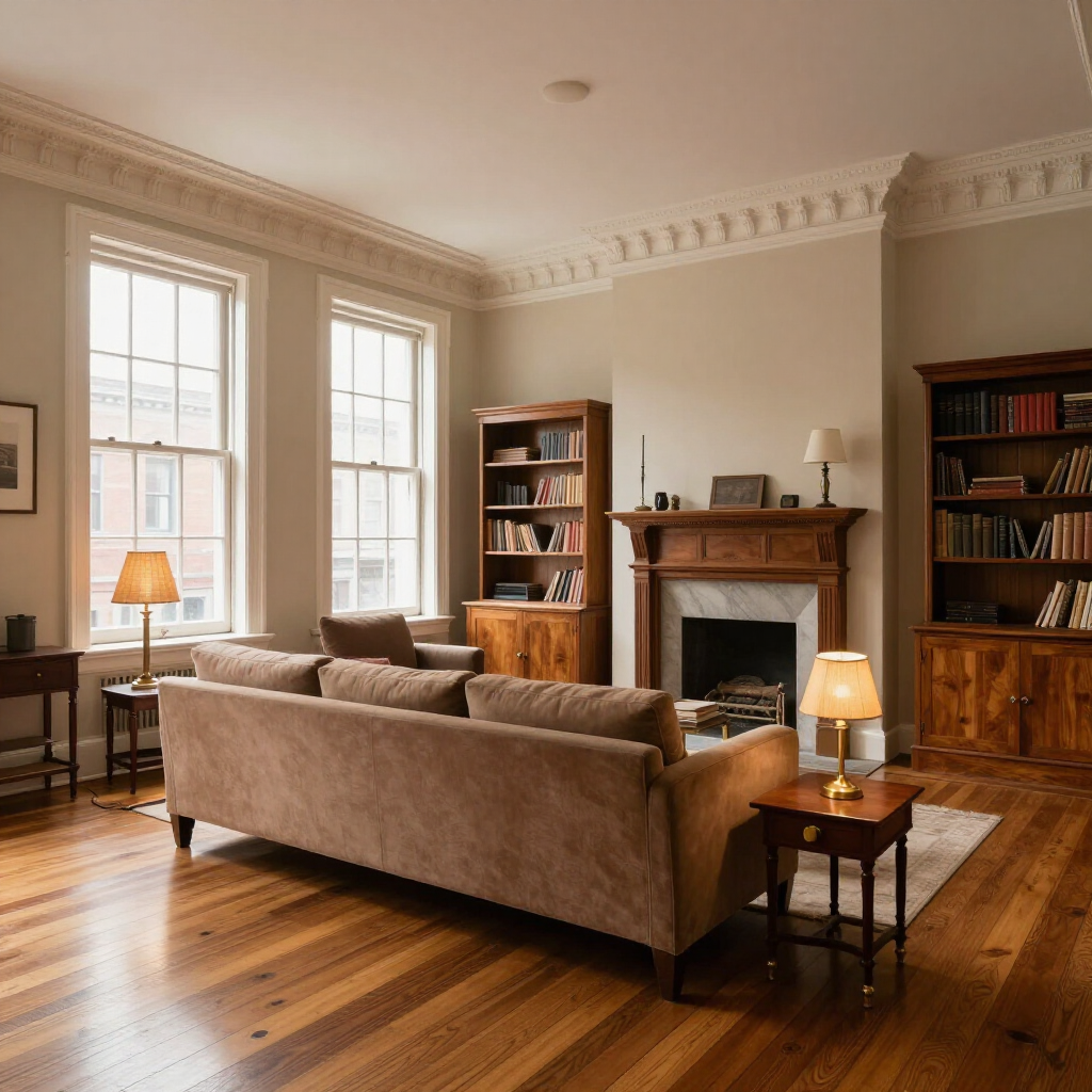 Cozy living room with beige sofa, fireplace, bookshelves, and warm wood floors