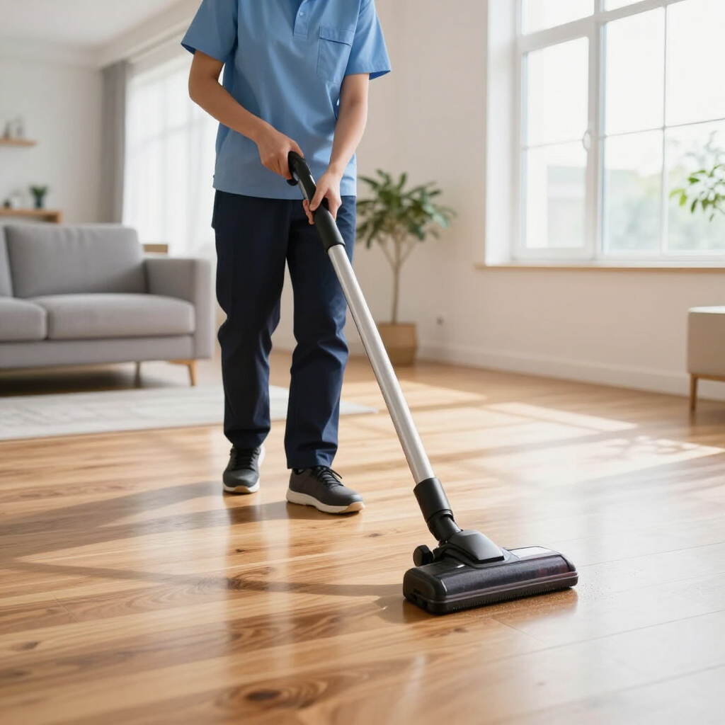 Person vacuuming a sunlit wooden floor in a bright living room