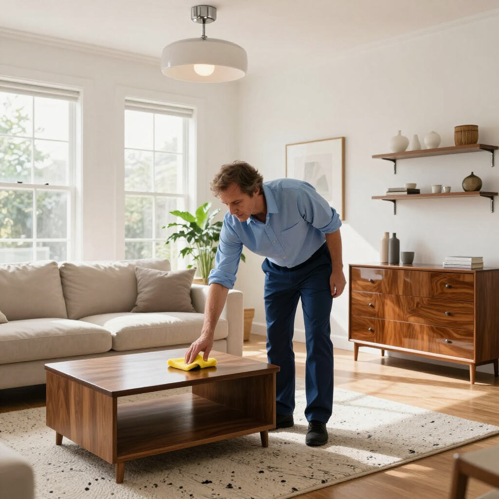 Person dusting a wooden coffee table in a bright living room