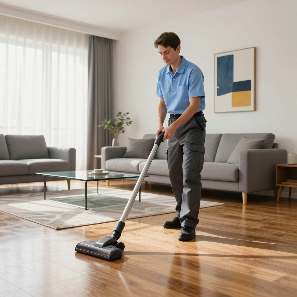 Man vacuuming a hardwood floor in a bright living room with gray sofas and a glass coffee table