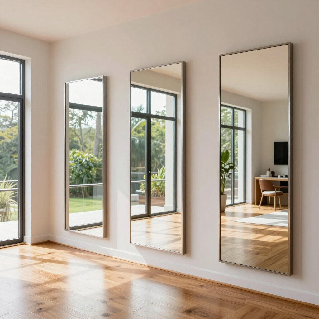Bright living room with three wall-mounted mirrors, wooden floor, and sunlight reflecting a garden view.