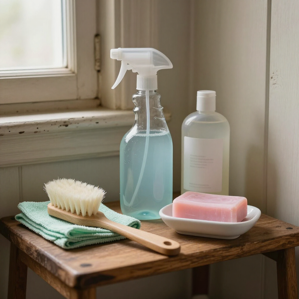 Cleaning supplies and scrub brush on a small wooden table by a window, with cloths and soap.
