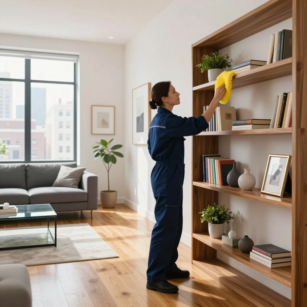 Person dusts bookshelf in a bright living room with a sofa and large window.