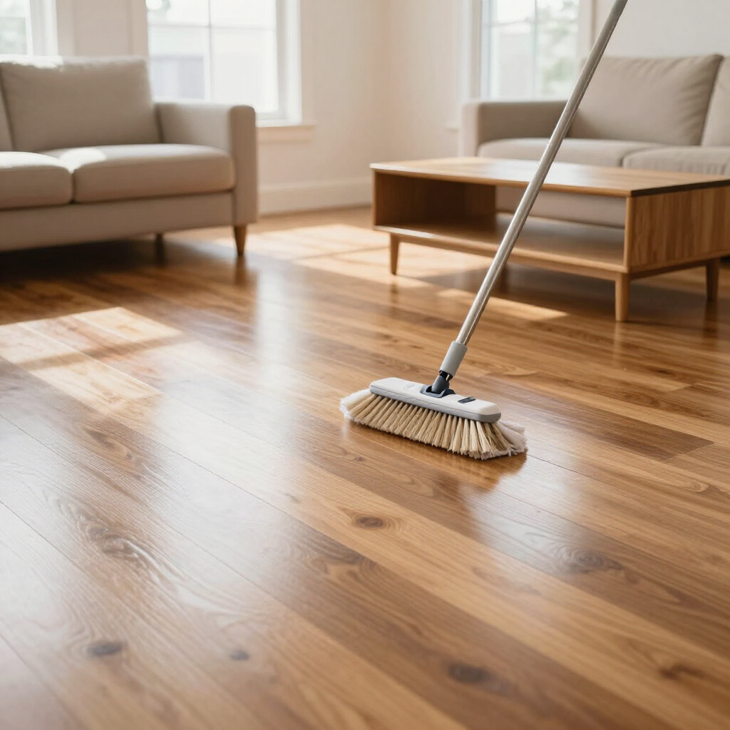 Mop cleaning a sunlit hardwood floor in a modern living room with sofas and a coffee table