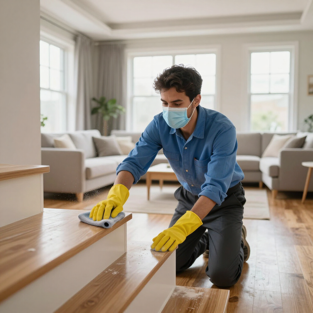 Masked person in yellow gloves sanding wooden stairs in a bright living room