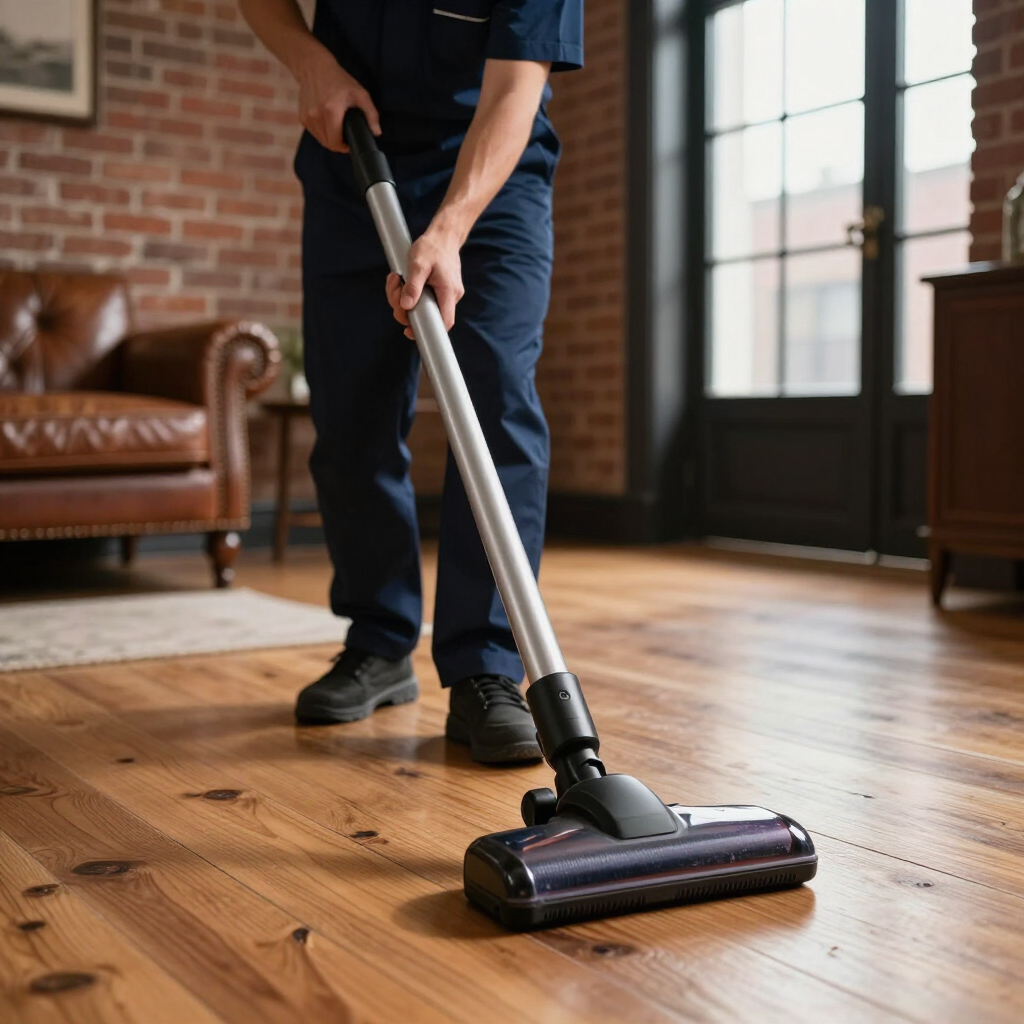 Person vacuuming a hardwood floor in a sunlit living room with a brick wall