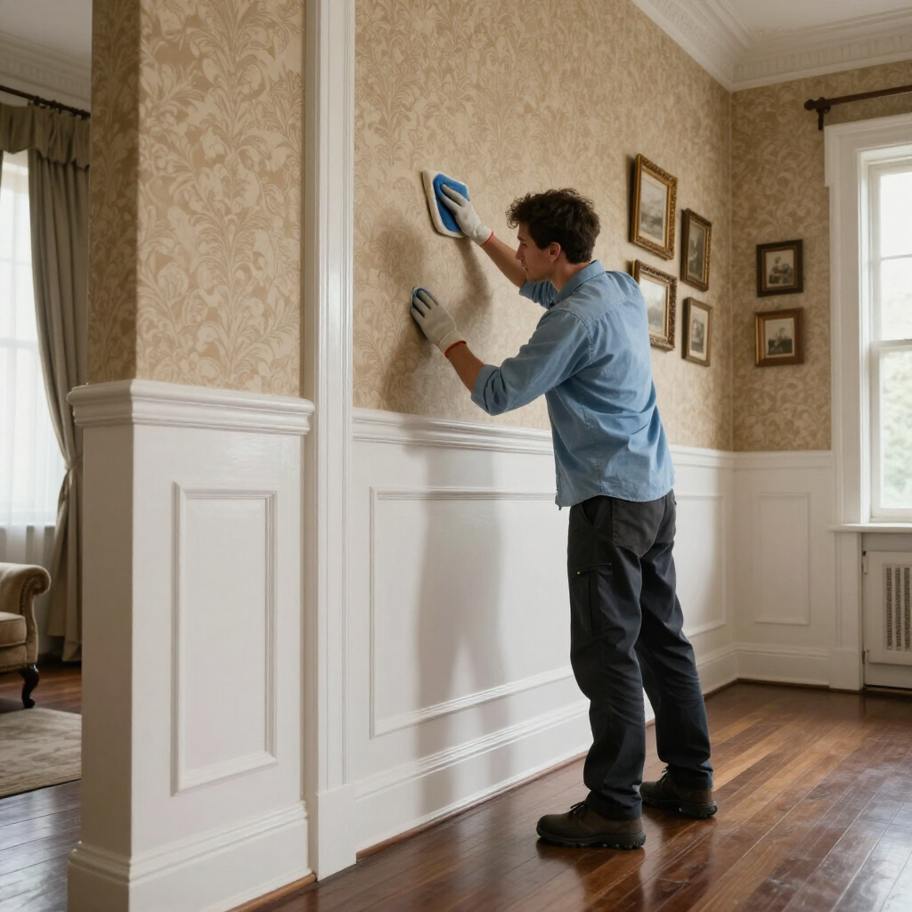 Man measuring wall height with a tape measure in a decorated living room