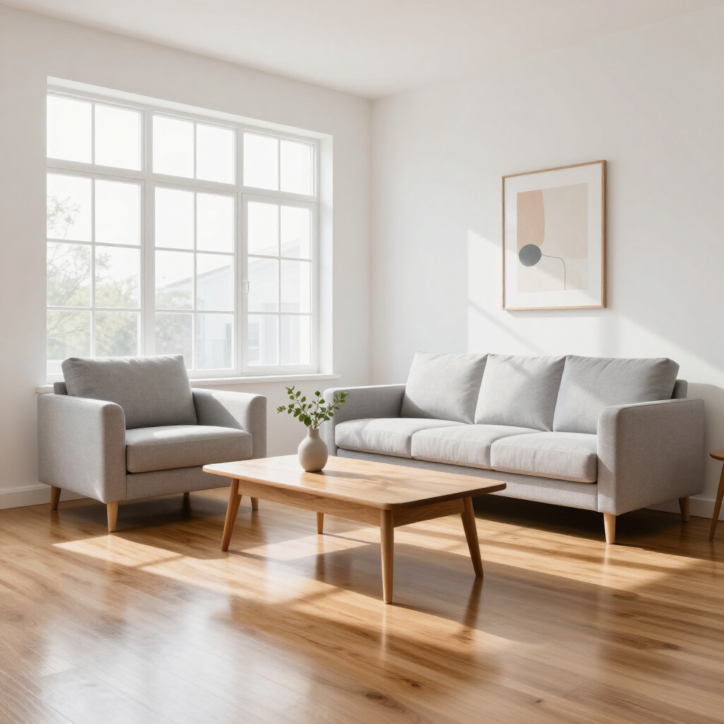 Bright living room with a gray sofa, armchair, wooden coffee table, and sunlight through large windows.