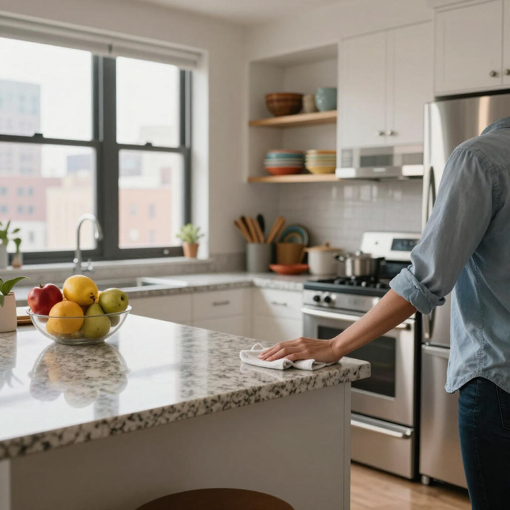 Person standing at a bright kitchen island with fruit bowl, stove, and window in the background