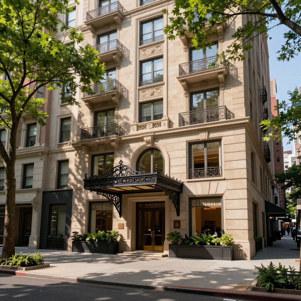 Elegant beige hotel entrance on a sunny city street with ornate canopy and potted plants