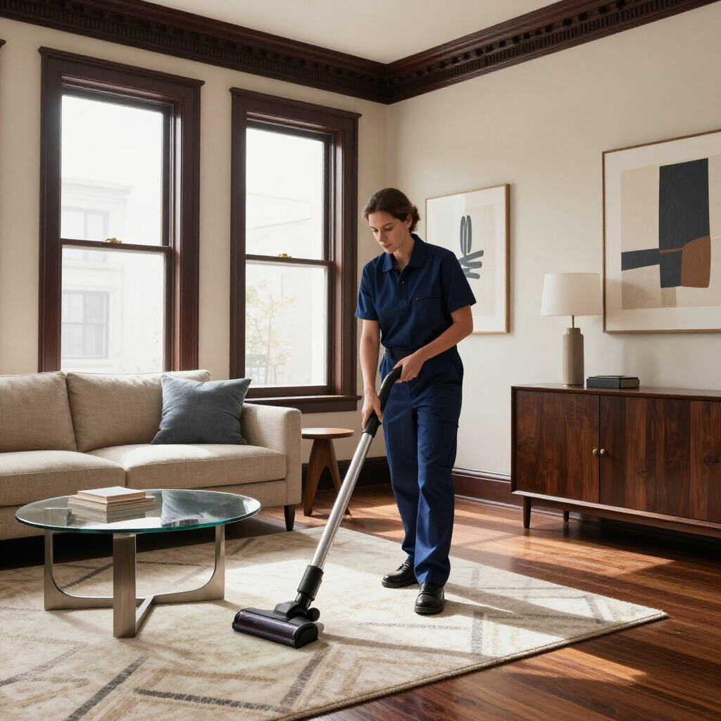 Person vacuuming a sunlit living room with beige sofa, glass table, and wooden sideboard