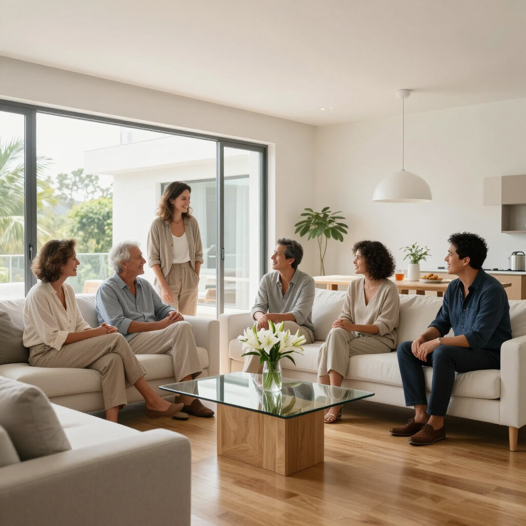 Small group meeting in a bright living room with sofas, coffee table, and large window.