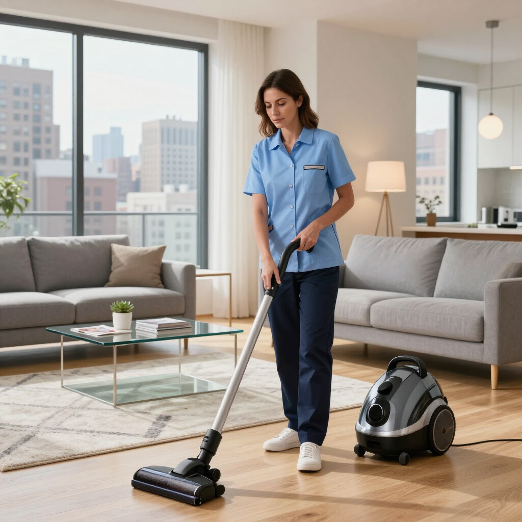 Woman vacuuming a bright living room with a canister vacuum cleaner
