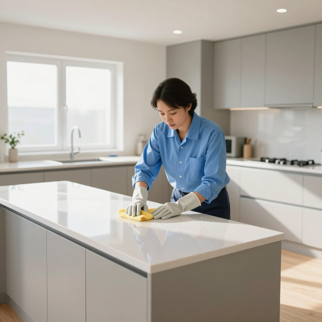 Person cleaning a white kitchen island with a cloth and spray bottle in a bright modern kitchen