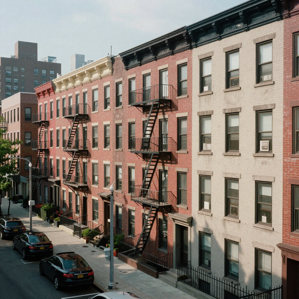 Row of brick apartment buildings with fire escapes along a city street, parked cars and sidewalk trees in sunlight
