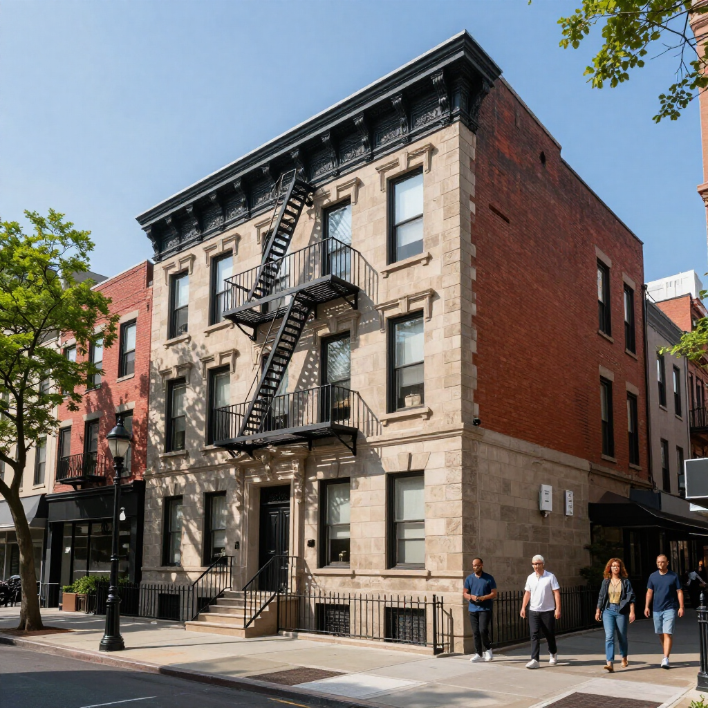 Corner brick apartment building with fire escapes on a sunny street, pedestrians walking by.