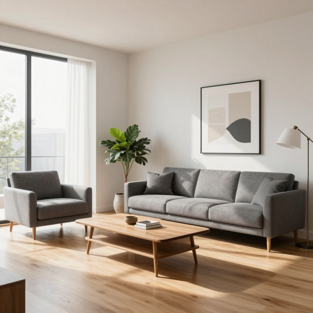 Bright living room with gray sofa, armchair, wooden coffee table, plant, and sunlight from large window.