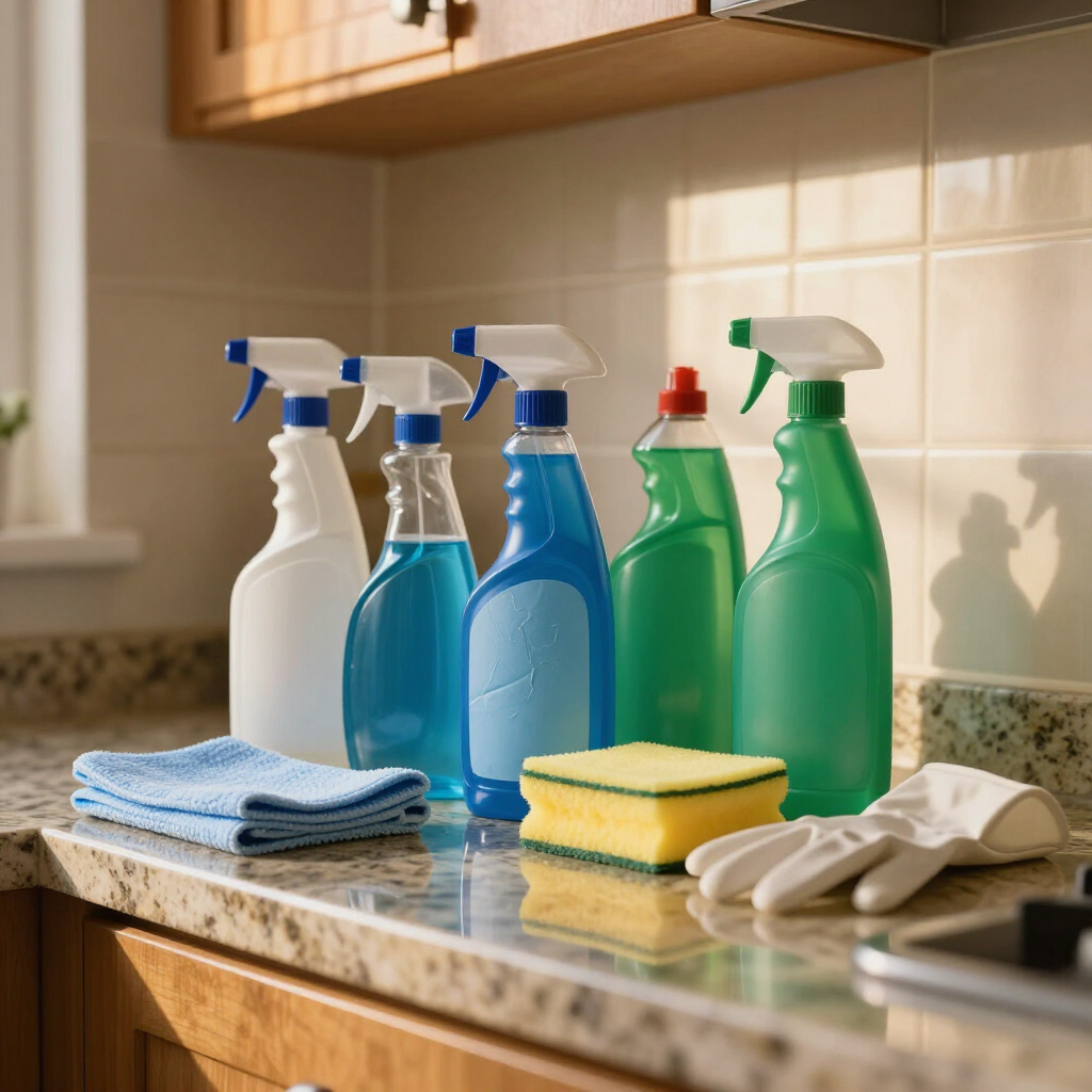 Cleaning supplies and cloths on a kitchen counter in warm sunlight.