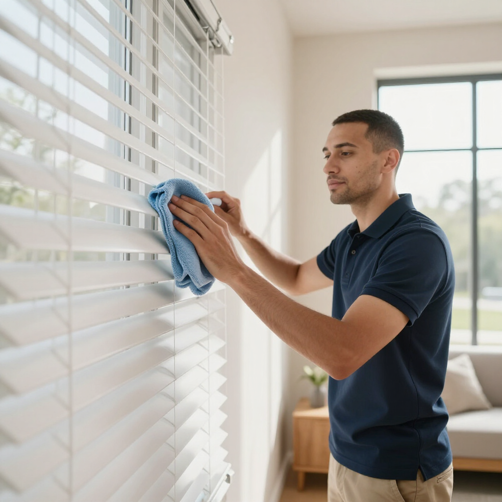 Man cleaning white window blinds with a blue cloth in a bright room