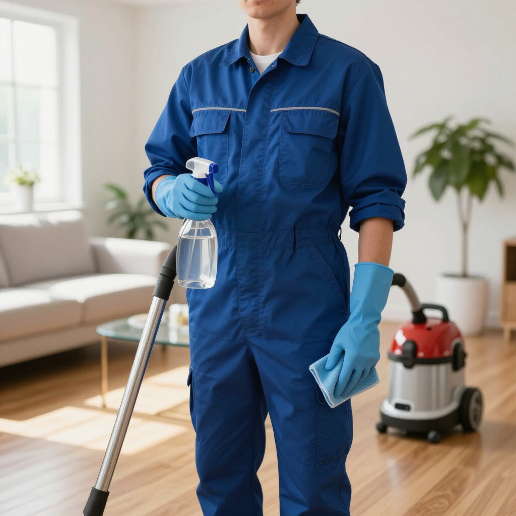 Person in blue coveralls and gloves cleaning a living room with a spray bottle and mop