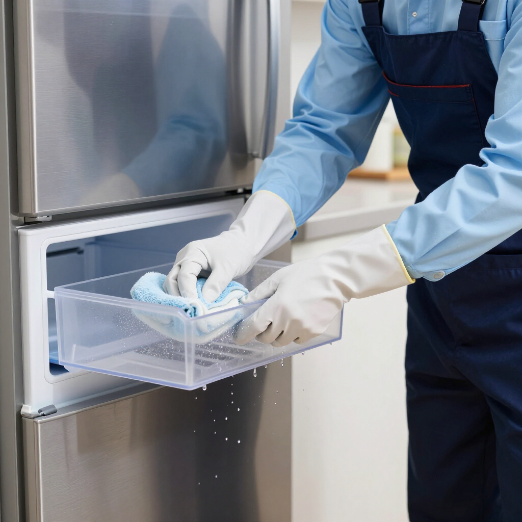 Gloved worker cleaning the open drawer of a stainless steel refrigerator with a cloth