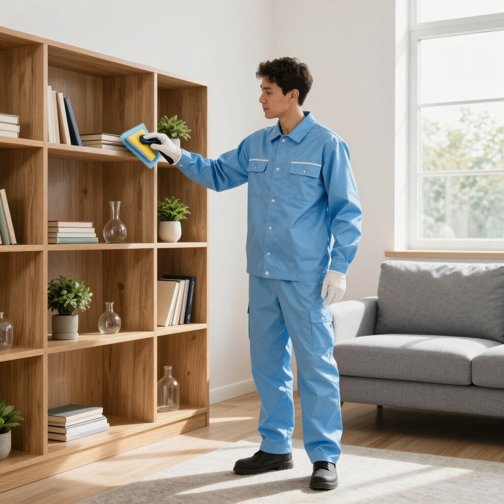 Worker in blue coveralls dusts a wooden bookshelf in a bright living room.