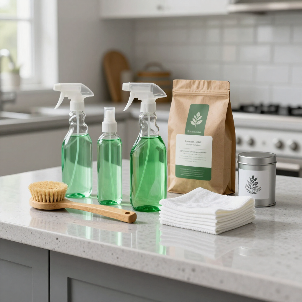 Eco-friendly cleaning supplies on a kitchen counter: green spray bottles, brush, towels, and refill packages.