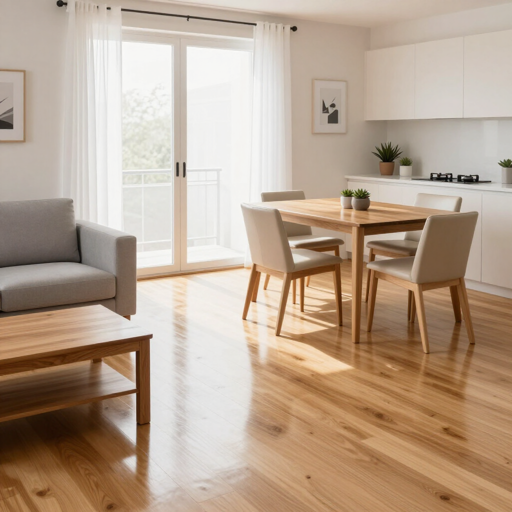 Bright living-dining room with wooden table, beige chairs, sofa, and sunlight through glass doors