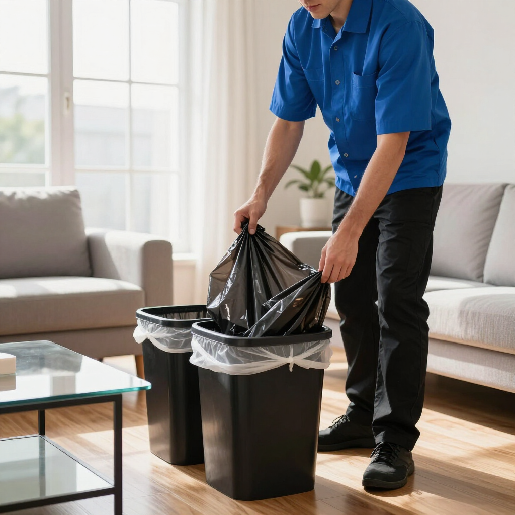 Person in a blue shirt empties a trash bag into a black bin in a bright living room.