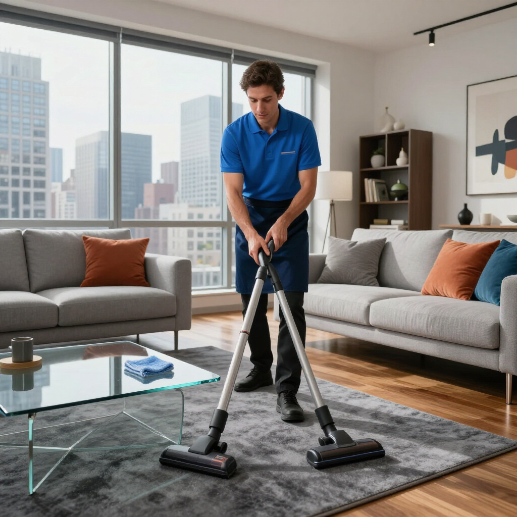 Man vacuuming a gray rug in a modern living room with a city skyline view
