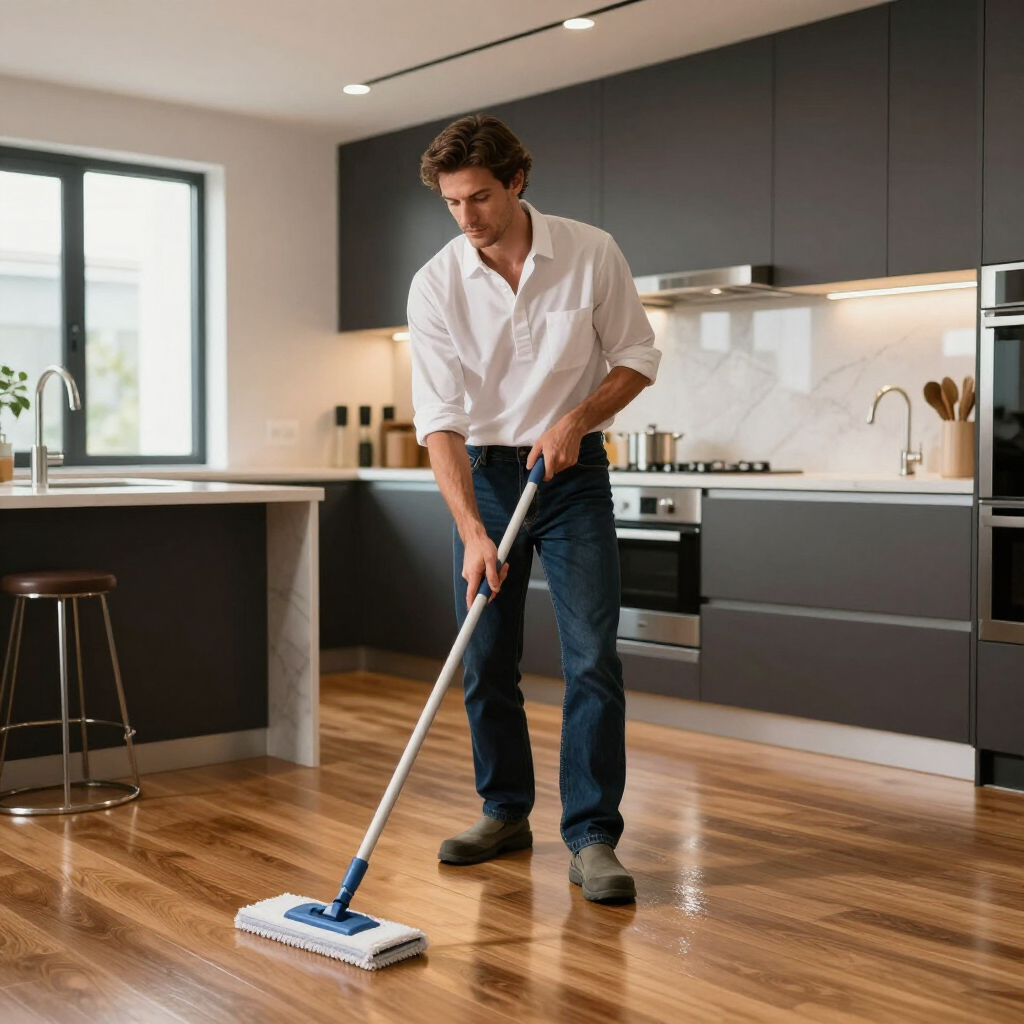 Person mopping a modern kitchen floor with a blue mop.