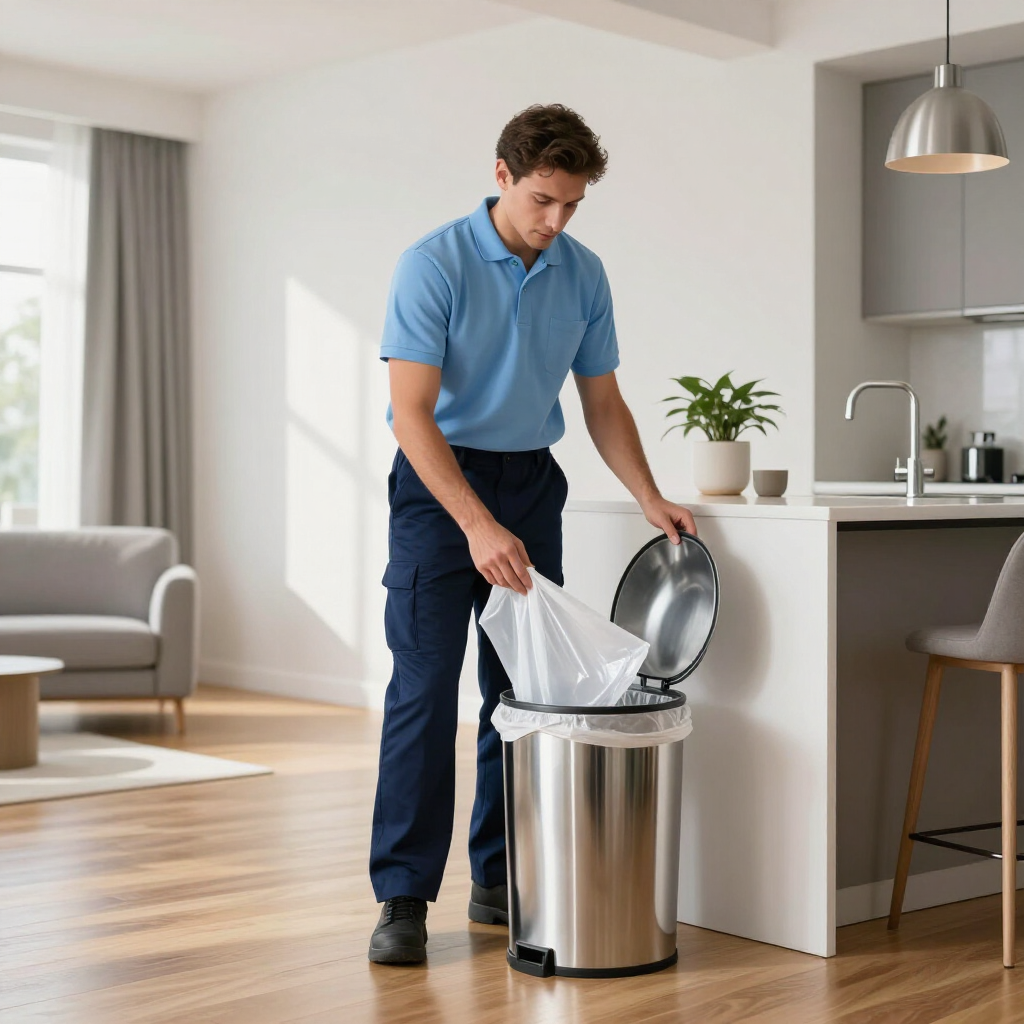 Man in blue shirt emptying a trash bag into a stainless steel bin in a bright modern kitchen
