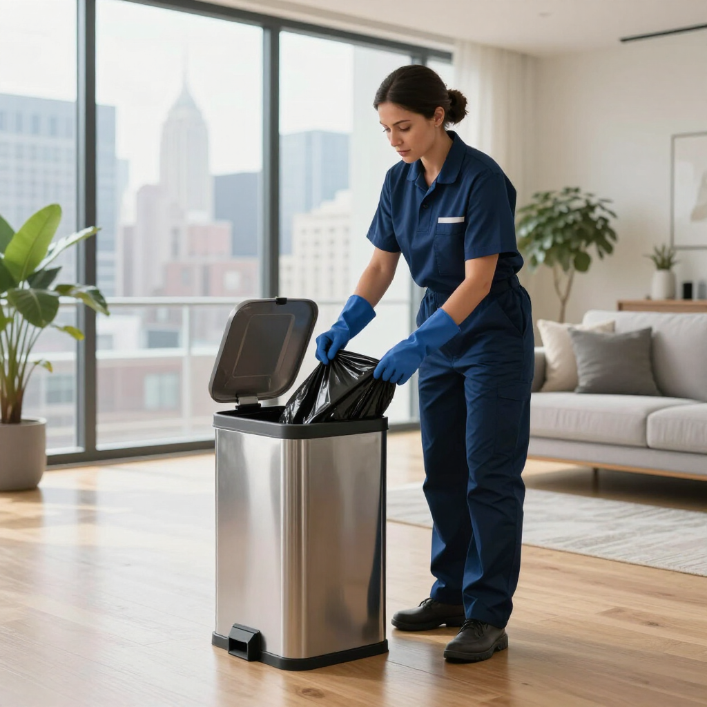 Technician in blue uniform cleaning a stainless-steel trash bin in a bright living room