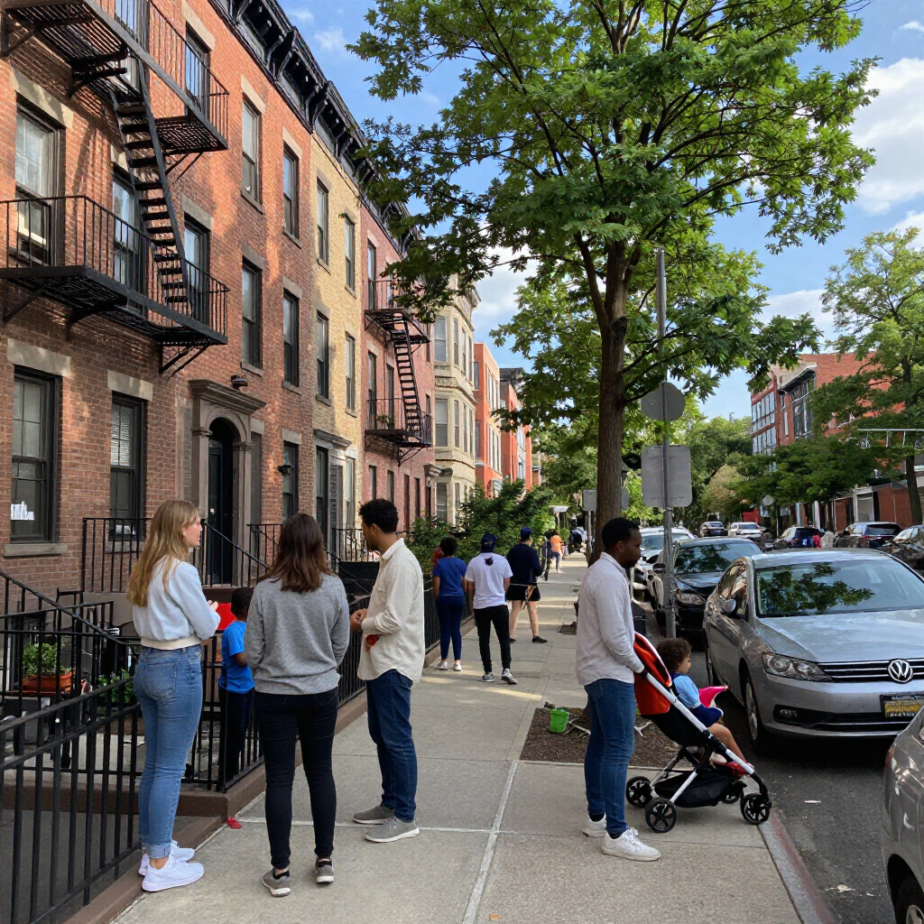 People walking on a tree-lined city sidewalk beside brick apartment buildings and parked cars.