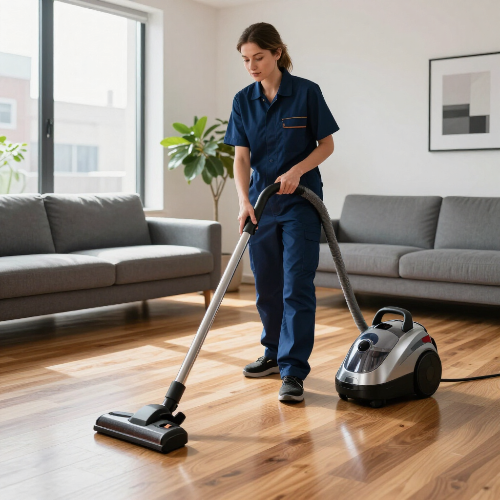 Vacuuming a hardwood living room with a gray canister vacuum and gray sofas nearby