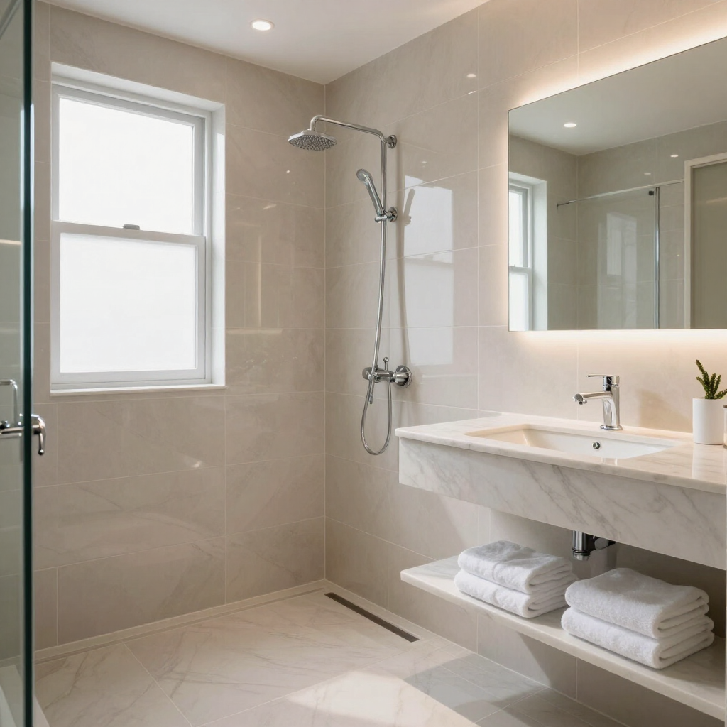 Bright modern bathroom with walk-in shower, marble vanity, and window, in soft neutral tones