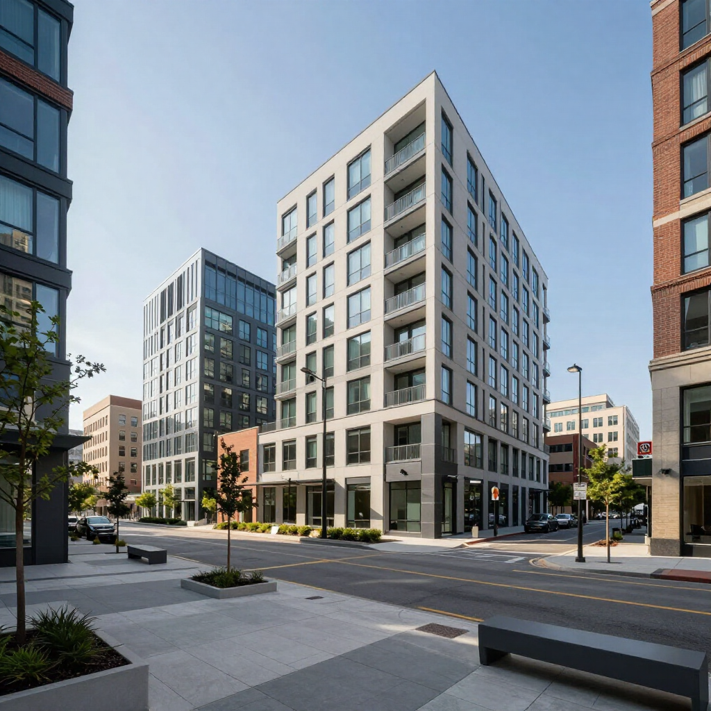 Modern apartment buildings on a sunny city street with sidewalks and crosswalks