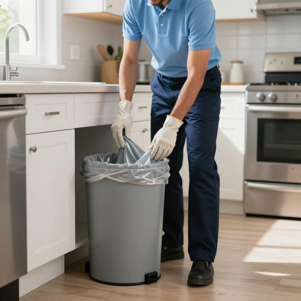 Person in a blue shirt and gloves replacing a trash bag in a kitchen trash can.