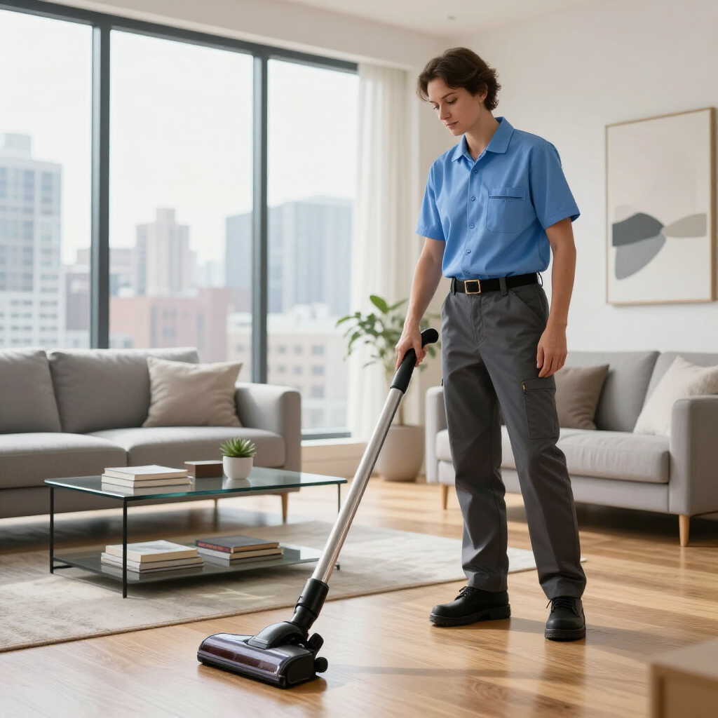 Person vacuuming a bright modern living room with large windows and gray furniture