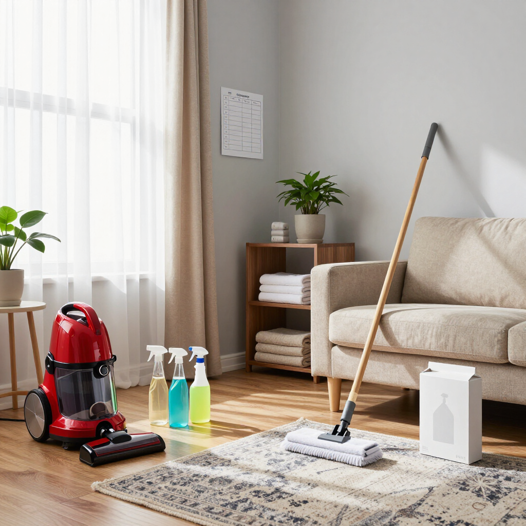 Living room with cleaning supplies, vacuum, mop, sprays, and a floor rug in sunlight