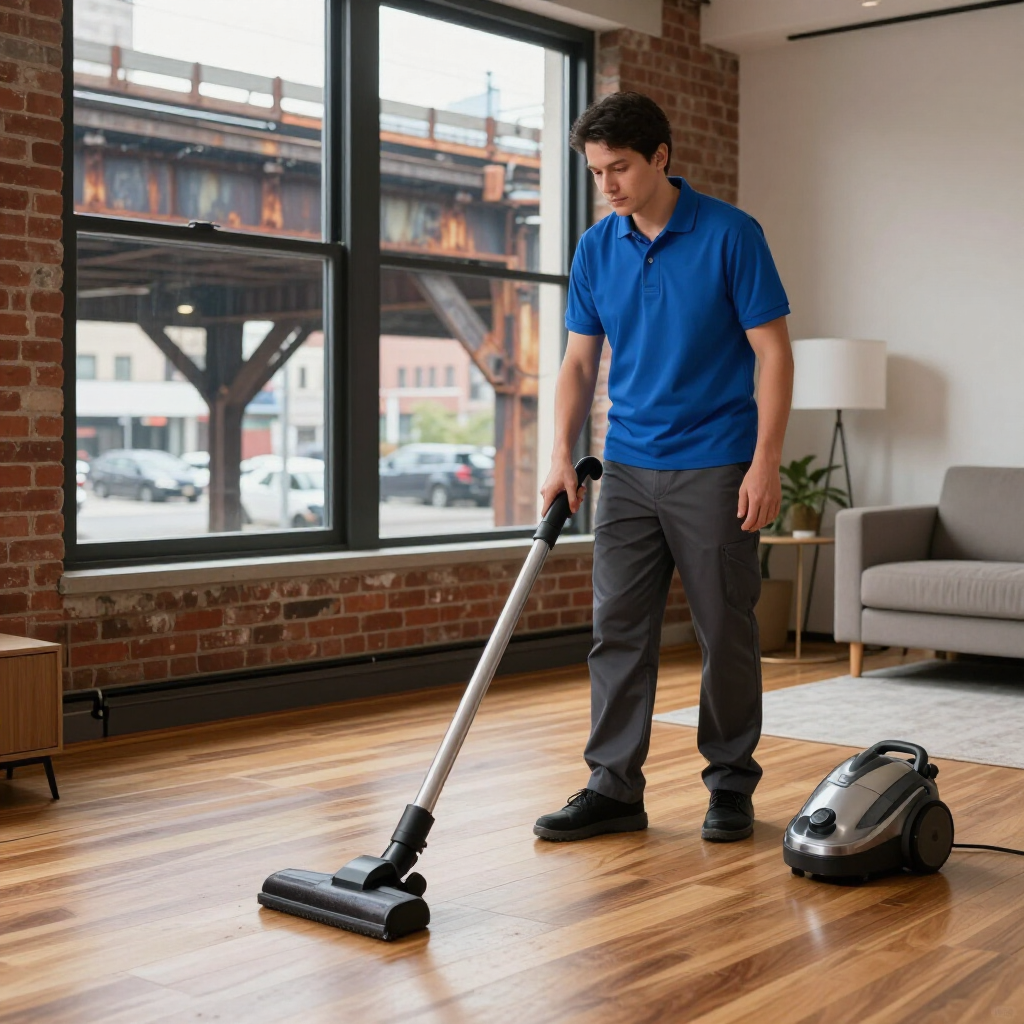 Man vacuuming a hardwood floor in a loft living room beside a canister vacuum cleaner