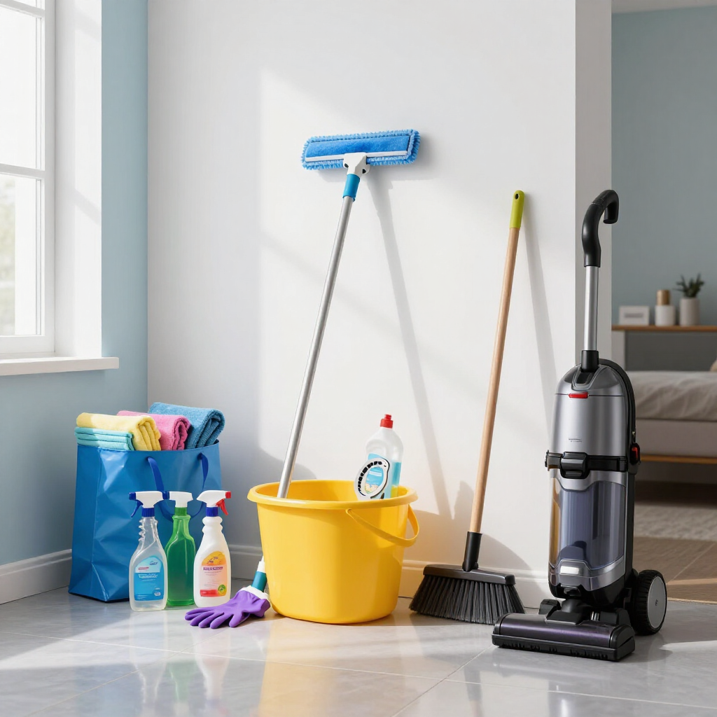 Cleaning supplies and tools by a wall: mop, bucket, sprays, broom, vacuum, and cloths.
