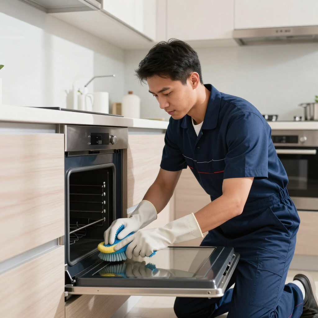 Person cleaning an open oven door with a sponge in a modern kitchen